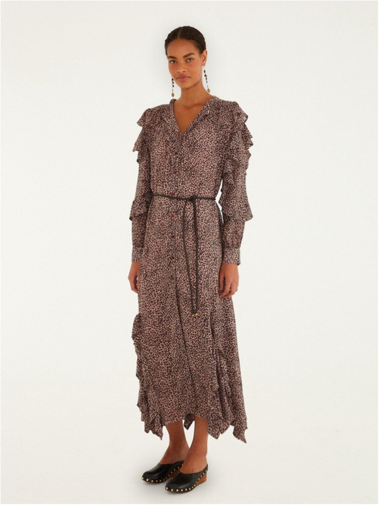 FARM Rio Dresses & Skirts - FARM Rio Baby Leopard Pink Leopard Sleeved Angled Ruffled Maxi Dress